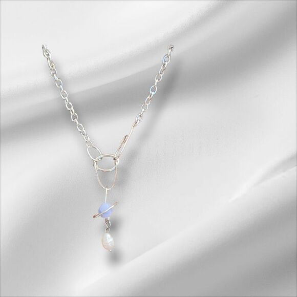 Silver and Blue Crystal Drop Necklace 18" - Picture 3 of 5